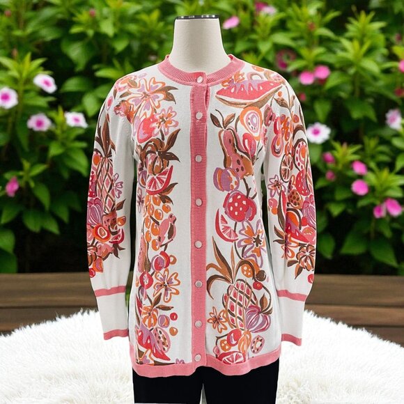 Bob Mackie Wearable Art Fruit Print Cardigan Small Vintage Y2K Grandma Core Retr - Picture 1 of 10
